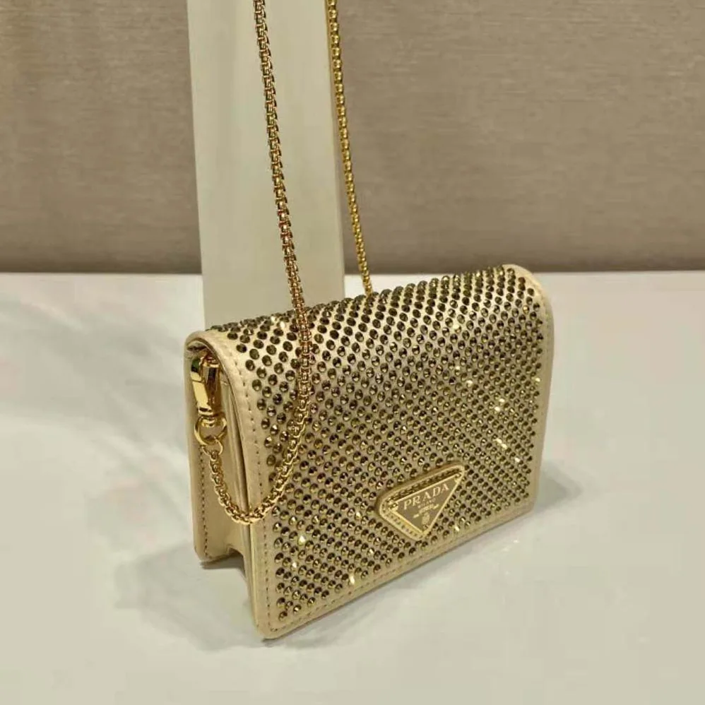Prada Cardholder with Shoulder Strap and Crystals for Women in Gold