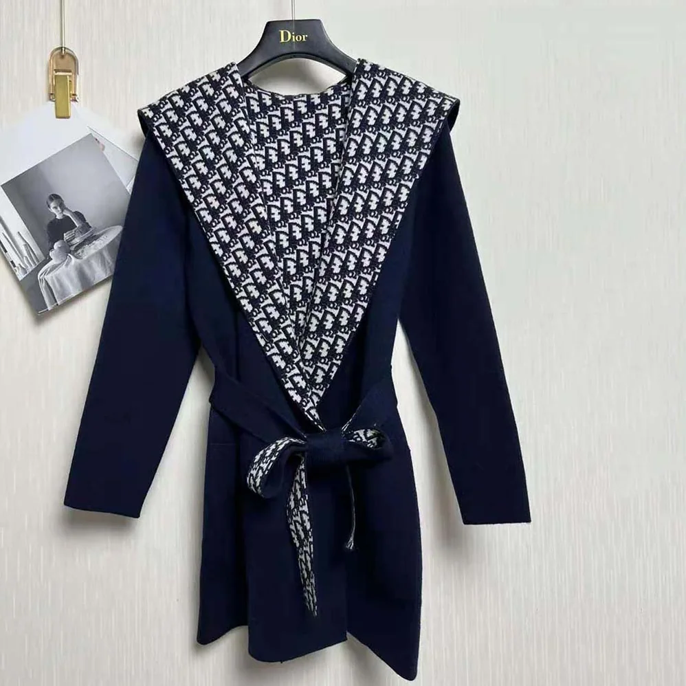 Dior Cropped Coat with Hood and Belt Navy Blue Double for Women in Sided Wool