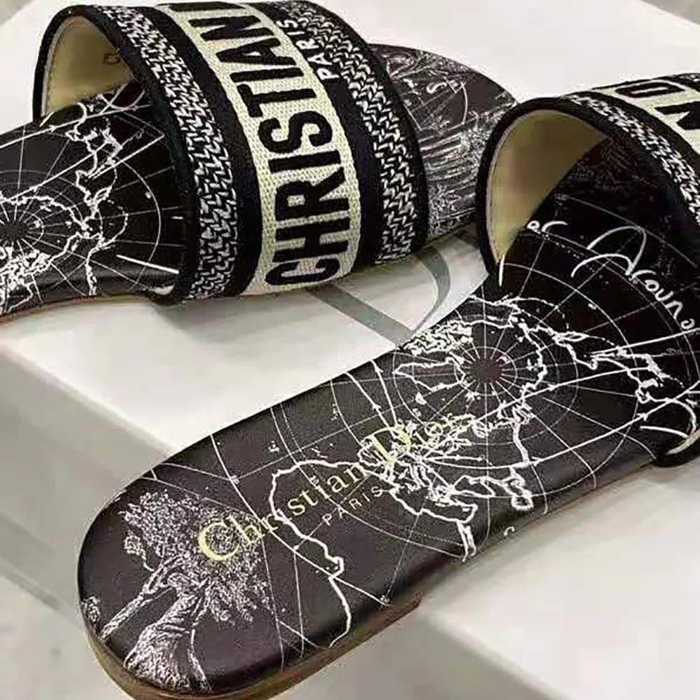 Dior Dway Slide Black Dior Around the World Embroidered Cotton for Women Dior Dway Slide Black Dior Around the World Embroidered Cotton for Women