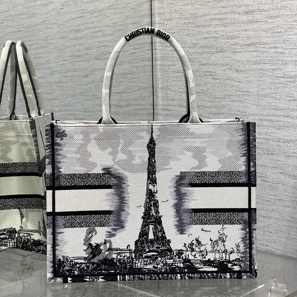 Dior Medium Dior Book Tote White and Black Paris Embroidery for Women