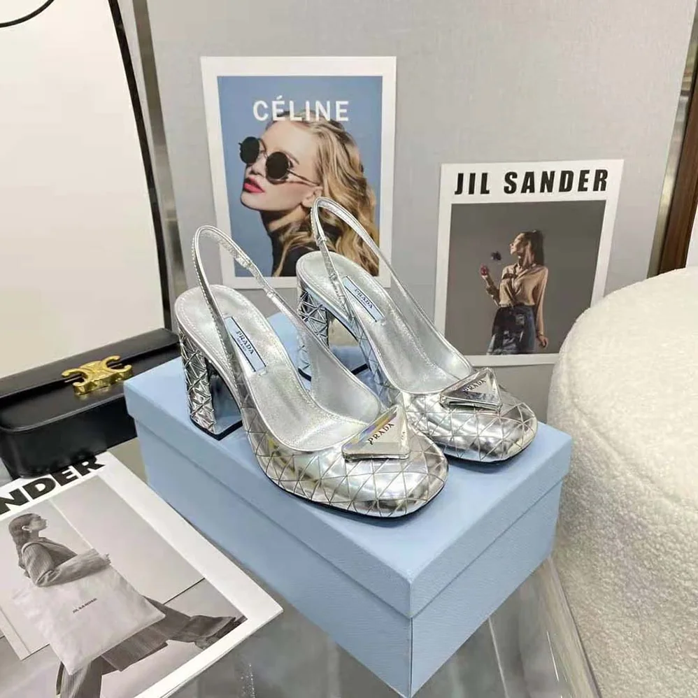 Prada Metallic Leather Slingback Pumps for Women in Silver Prada Metallic Leather Slingback Pumps for Women in Silver