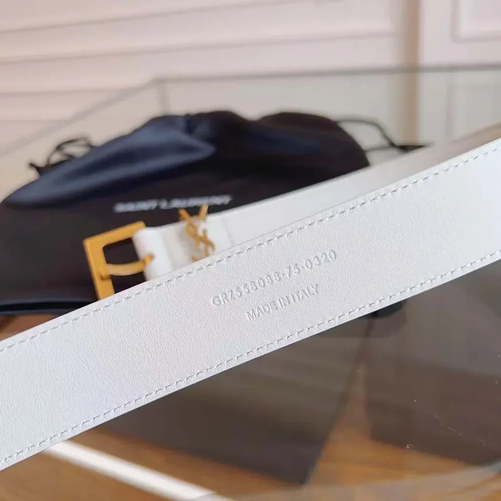 Saint Laurent YSL Cassandre Thin Belt with Square Buckle in Lacquered Leather for Women in White Saint Laurent YSL Cassandre Thin Belt with Square Buckle in Lacquered Leather for Women in White