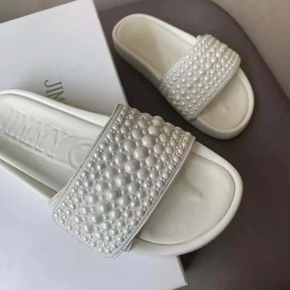 Jimmy Choo Fitz/F White Canvas and Leather Pool Slides with Pearls for Women Jimmy Choo Fitz/F White Canvas and Leather Pool Slides with Pearls for Women