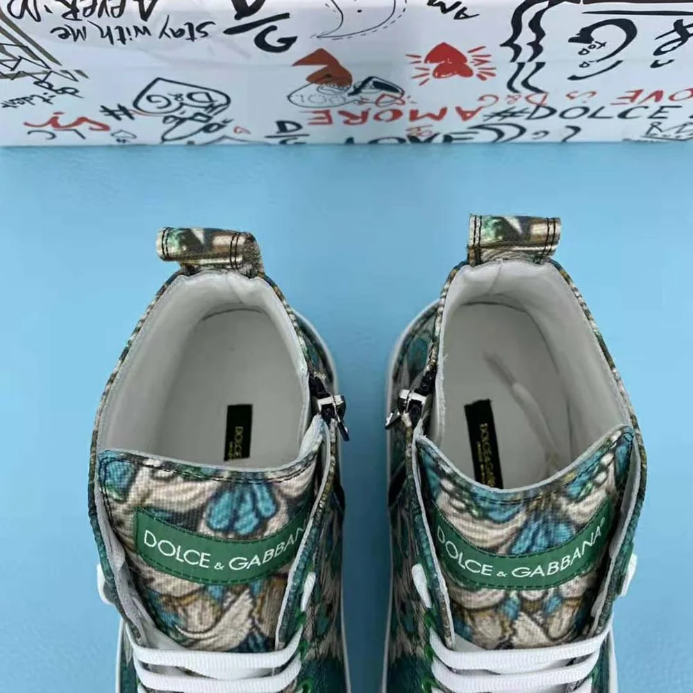 Dolce Gabbana D&G Brocade Portofino Light High-Top Sneakers with Logo Plate for Women