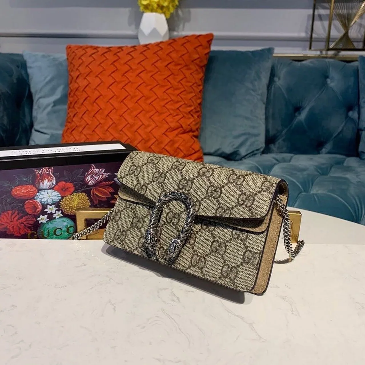 Gucci Dionysus Super Mini Shoulder Bag / Emerald GG Supreme Canvas Made Using An Earth-Conscious Process With Taupe Deta Gucci Dionysus Super Mini Shoulder Bag / Emerald GG Supreme Canvas Made Using An Earth-Conscious Process With Taupe Deta