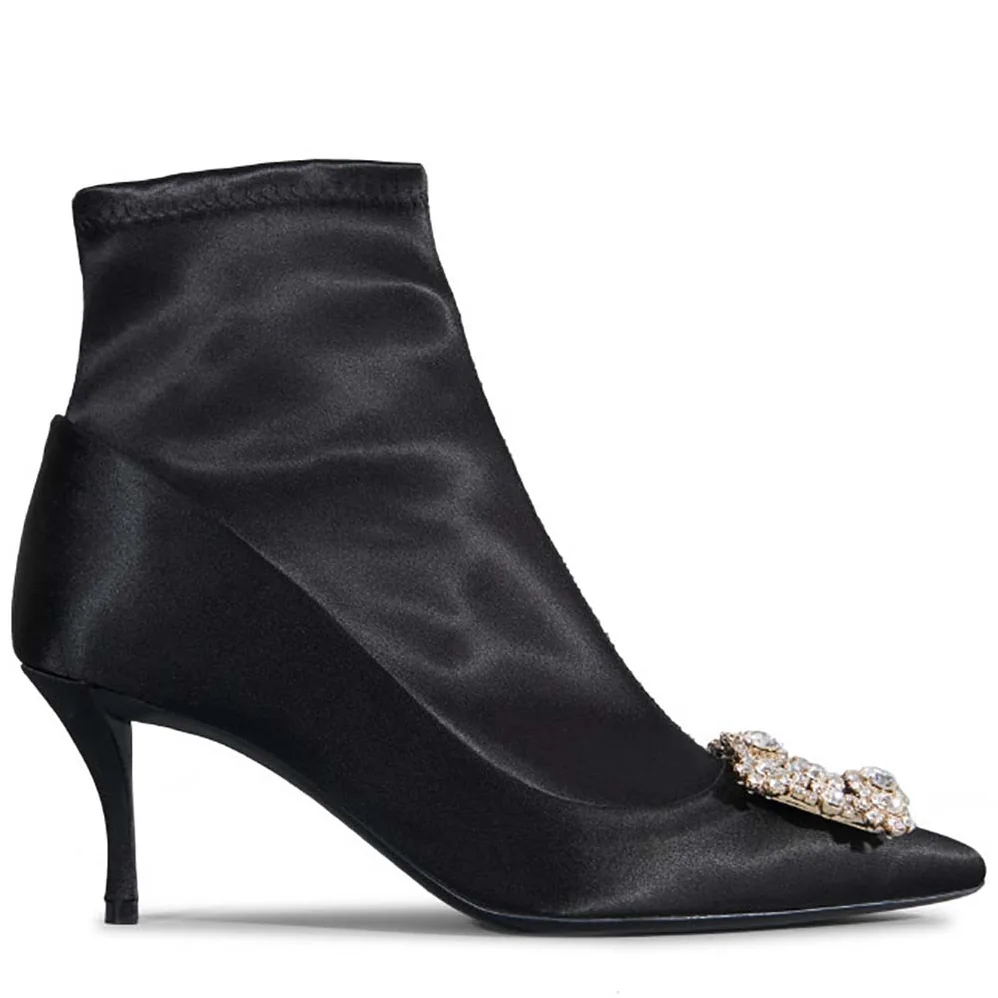 Roger Vivier Shoes Flower Strass Buckle Booties in Satin Silk 60mm Heel for Women in Black Roger Vivier Shoes Flower Strass Buckle Booties in Satin Silk 60mm Heel for Women in Black