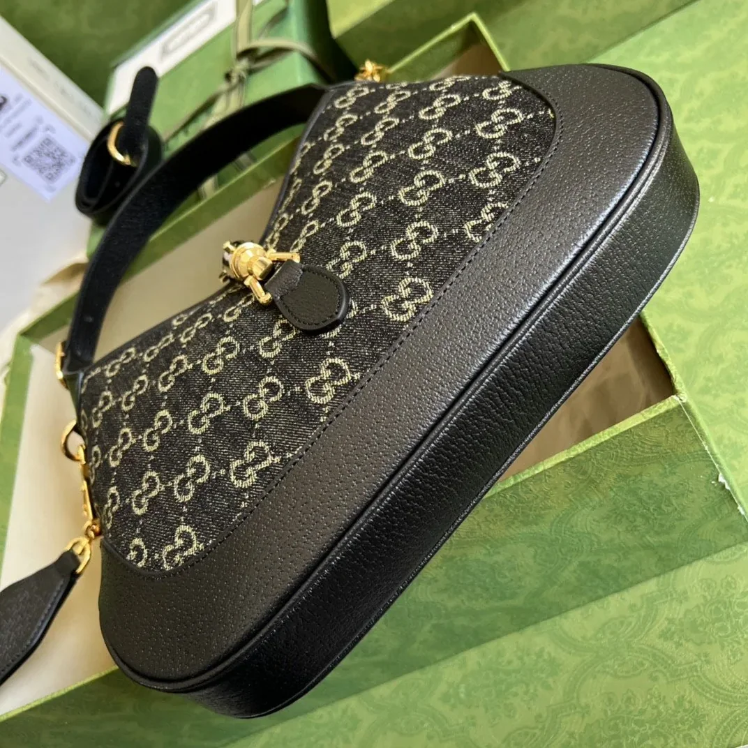 Gucci Jackie 1961 Small Shoulder Bag Black And Ivory GG Denim Jacquard /