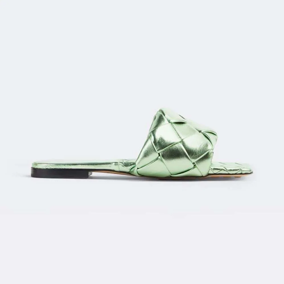 Bottega Veneta Lido Flat Sandal Intreccio Metallised Leather Flat Sandals for Women in Aqua