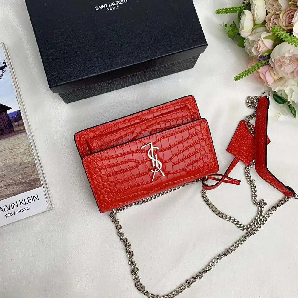 Saint Laurent YSL Sunset Medium Crocodile Embossed Shiny for Women in Red