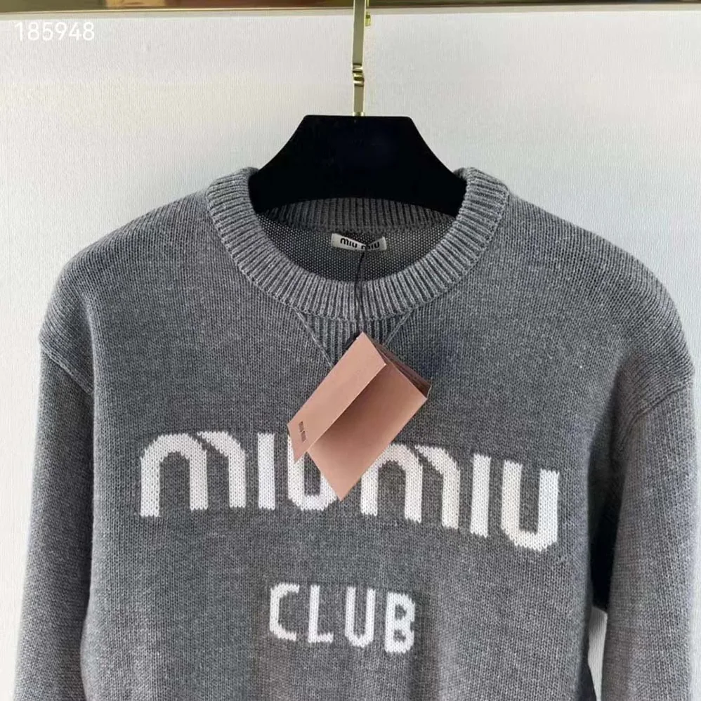 Miu Miu Cashmere Sweater with Intarsia Logo for Women in Silver Miu Miu Cashmere Sweater with Intarsia Logo for Women in Silver
