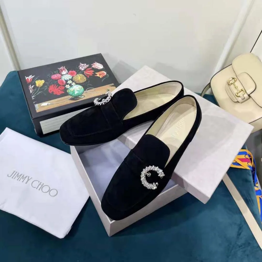 Jimmy Choo Mani Flat Black Suede Loafers with Crystal Buckle for Women