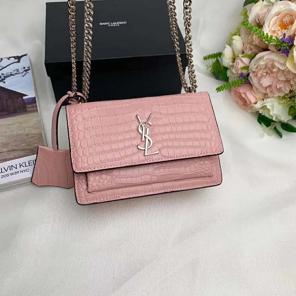 Saint Laurent YSL Sunset Medium Crocodile Embossed Shiny for Women in Pink Saint Laurent YSL Sunset Medium Crocodile Embossed Shiny for Women in Pink