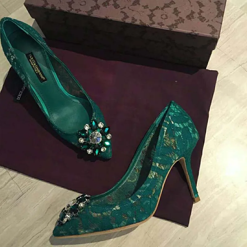 Dolce Gabbana D&G Shoes Pump in Taormina Lace with Crystals 90mm Heel for Women in Green Dolce Gabbana D&G Shoes Pump in Taormina Lace with Crystals 90mm Heel for Women in Green