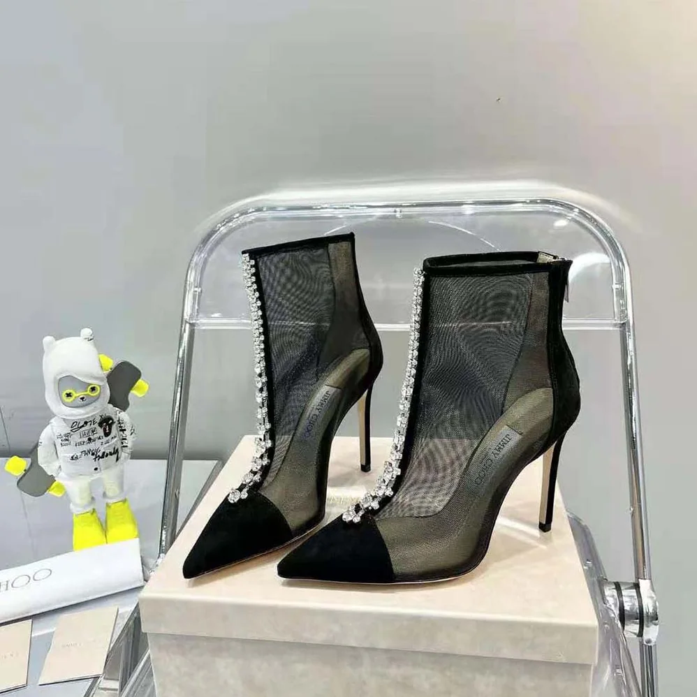 Jimmy Choo Bing Boot 100 Black Suede and Mesh Ankle Boots with Crystal Embellishment for Women