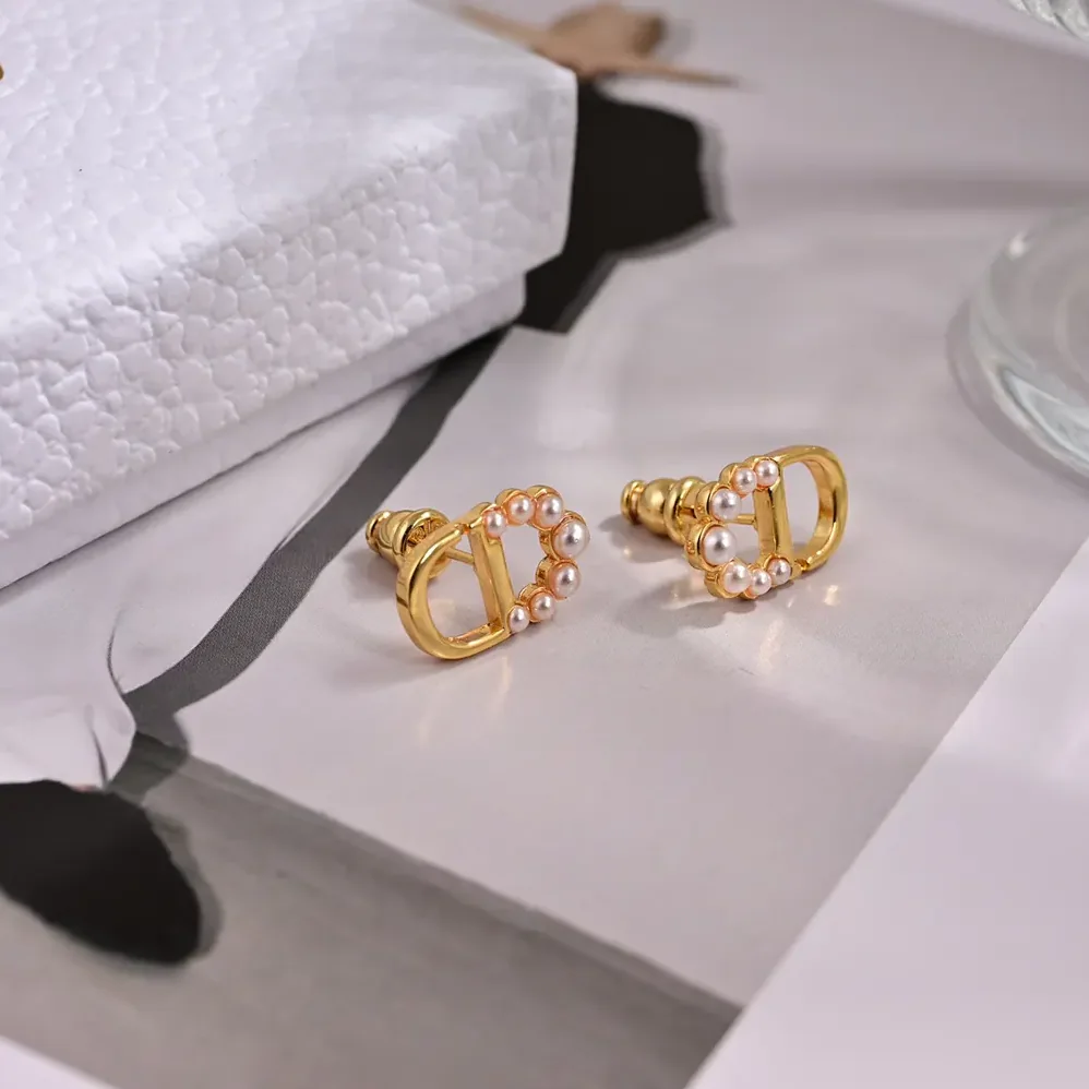 Dior Petit CD Mini Stud Earrings Gold-Finish Metal and White Resin Pearls for Women