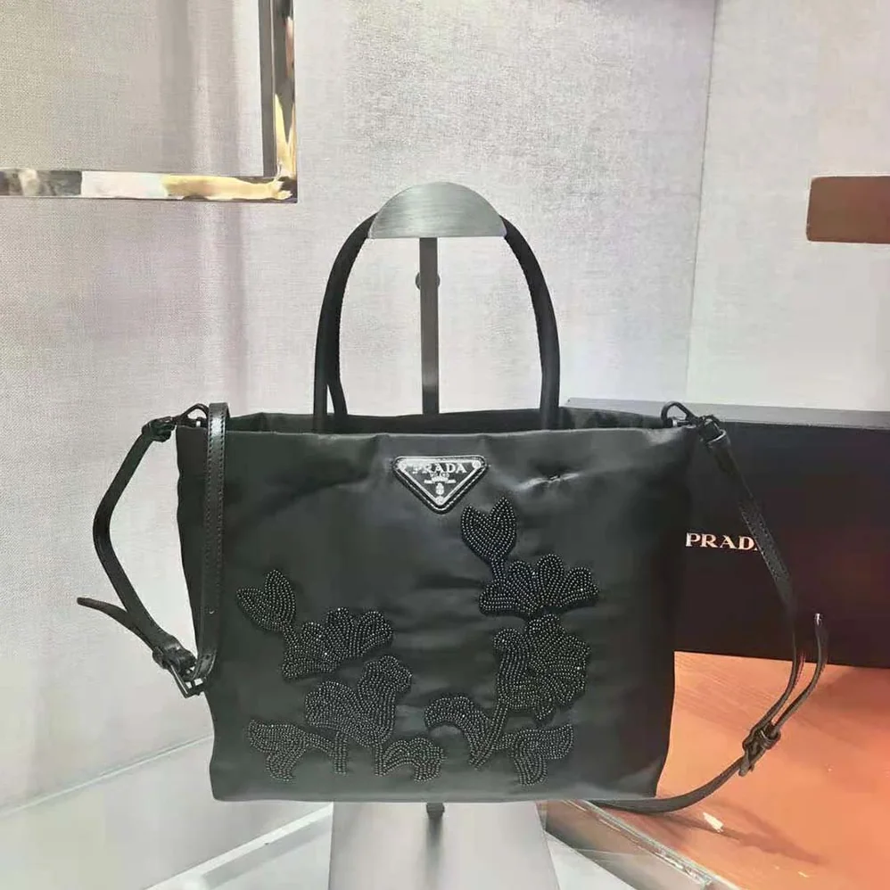 Prada Embroidered Nylon in Leather Handbag for Women in Black Prada Embroidered Nylon in Leather Handbag for Women in Black