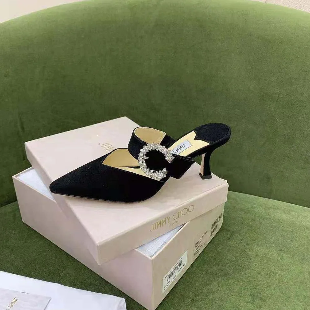 Jimmy Choo Marta 70 Black Suede Mules with Crystal Buckle for Women Jimmy Choo Marta 70 Black Suede Mules with Crystal Buckle for Women
