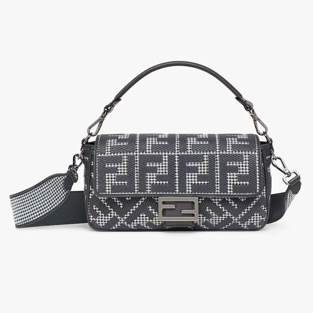 Fendi Baguette Gray Houndstooth Wool Bag with FF Embroidery for Women Fendi Baguette Gray Houndstooth Wool Bag with FF Embroidery for Women