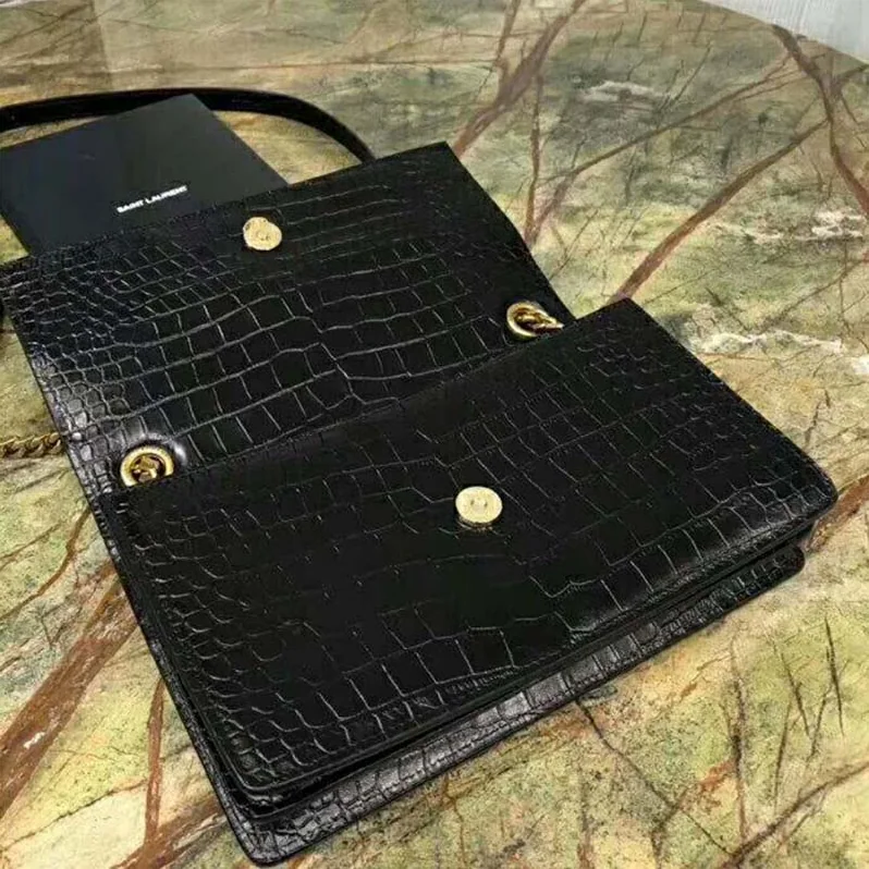 Saint Laurent YSL Sunset Medium Supple Crocodile Embossed for Women in Black