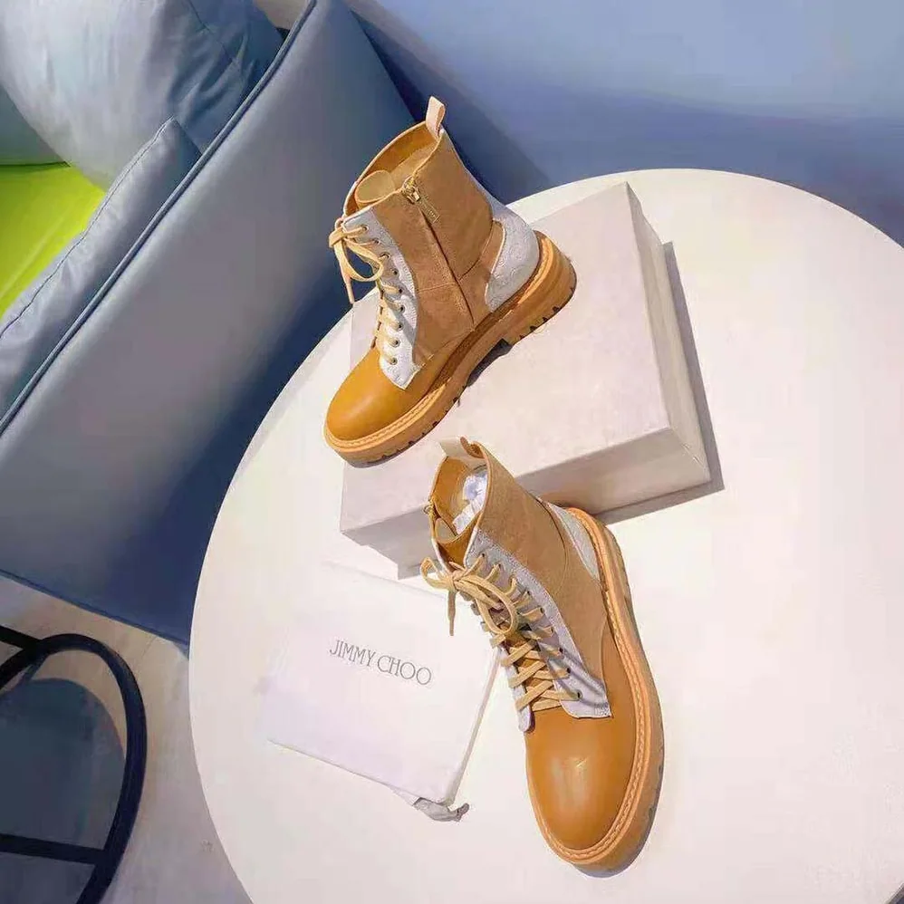 Jimmy Choo Cora Flat Caramel JC Monogram Leather Mix Combat Boots for Women