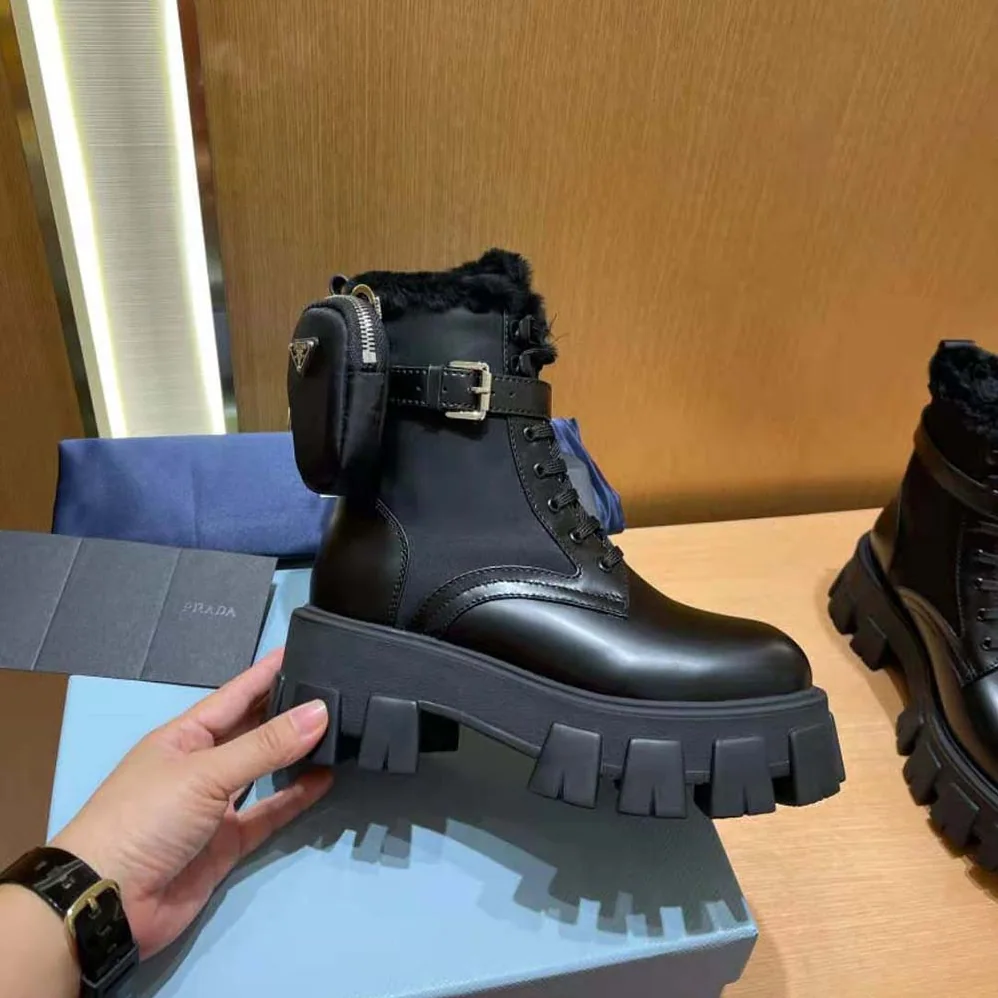 Prada Monolith Leather and Nylon Biker Boots for Women in Black