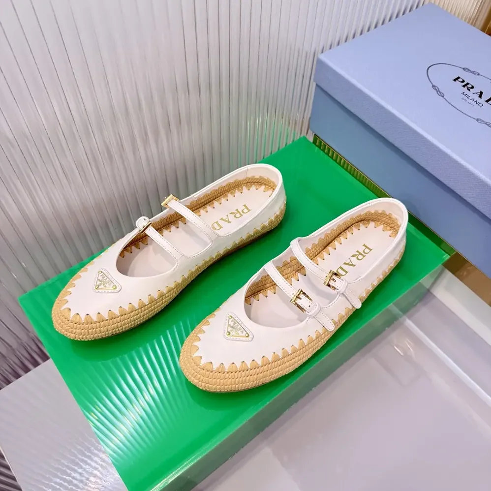 Prada Nappa Leather And Raffia Ballerinas for Women in White