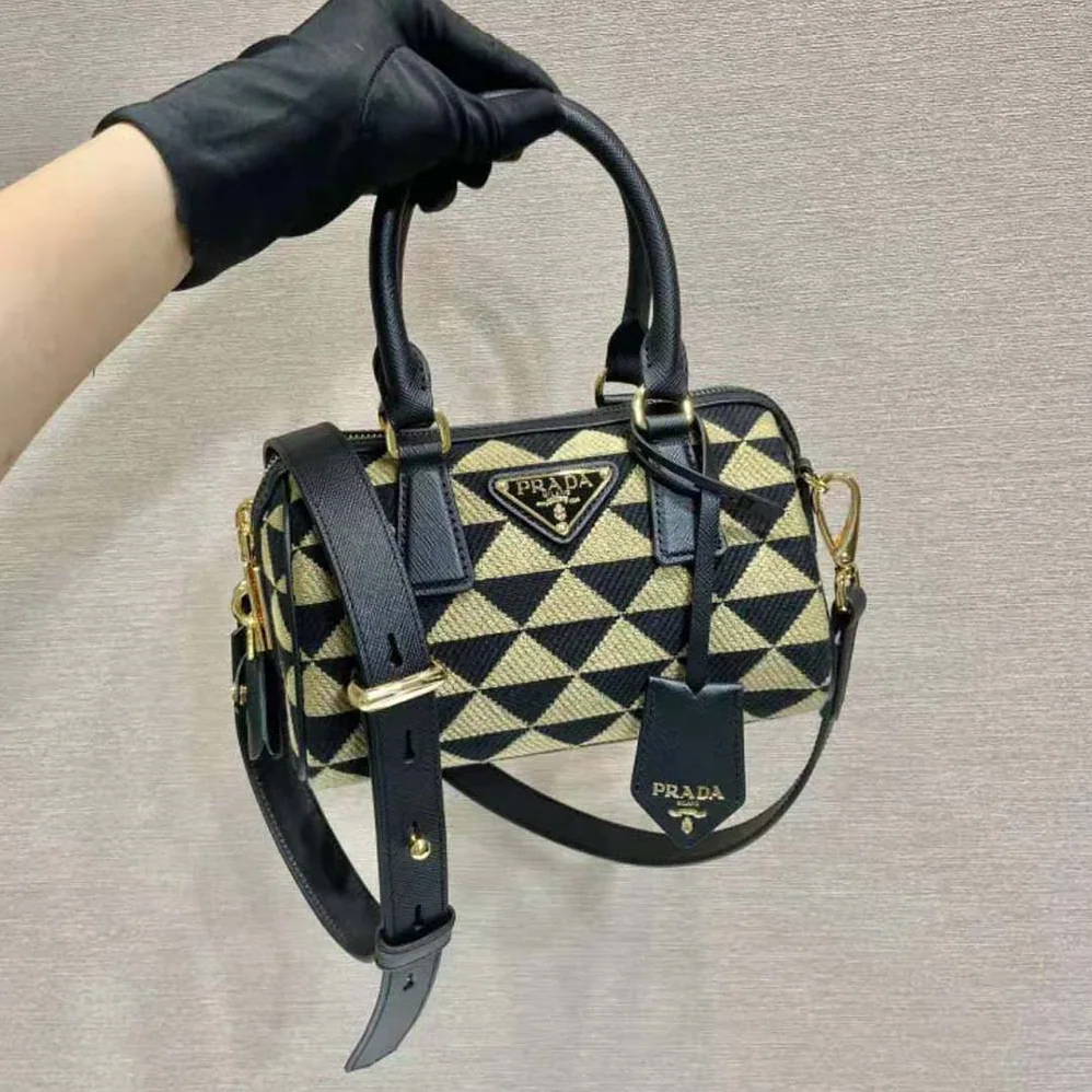 Prada Symbole Embroidered Jacquard Fabric Top-Handle Bag for Women in Black