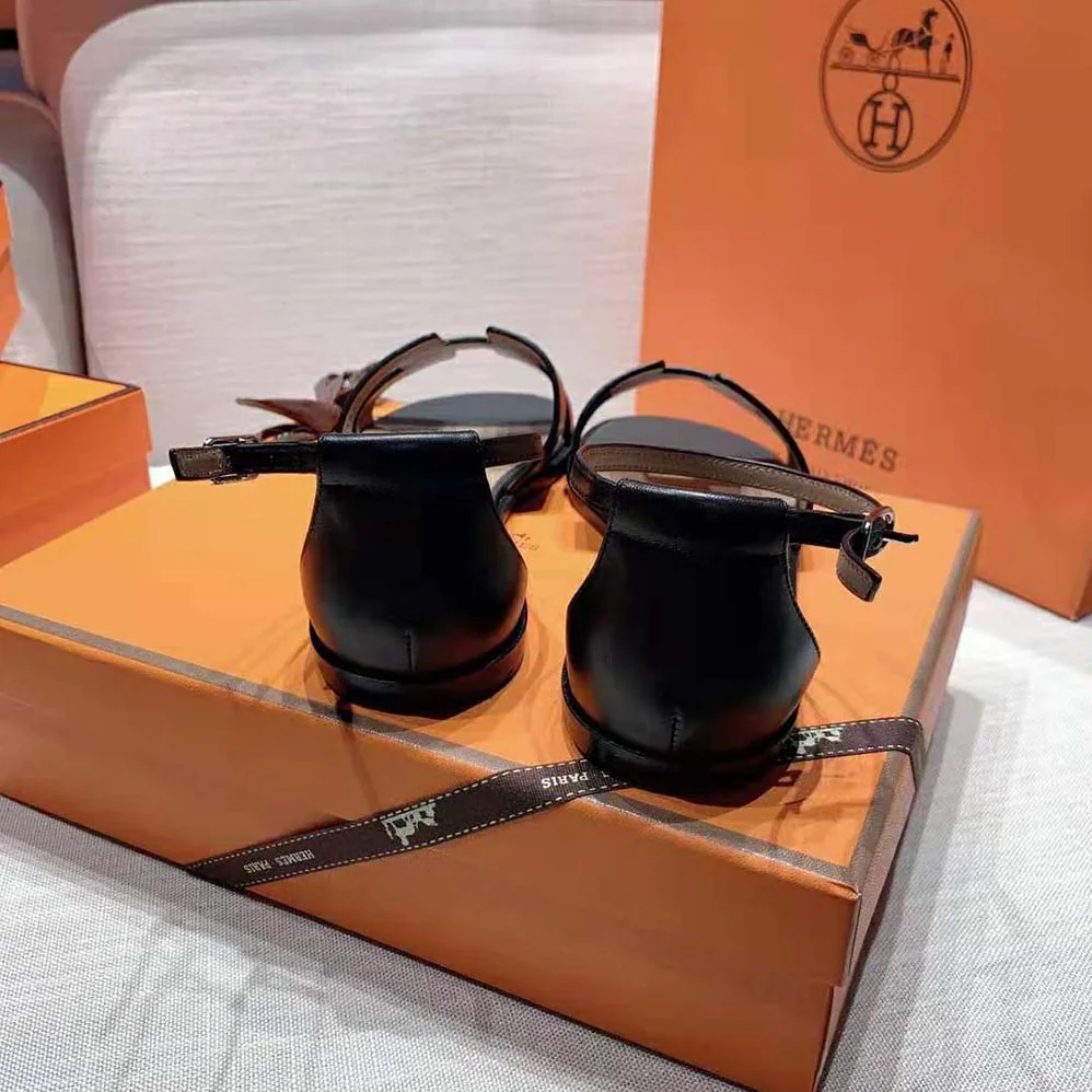 Hermes Santorini Sandal in Calfskin Leather for Women in Black