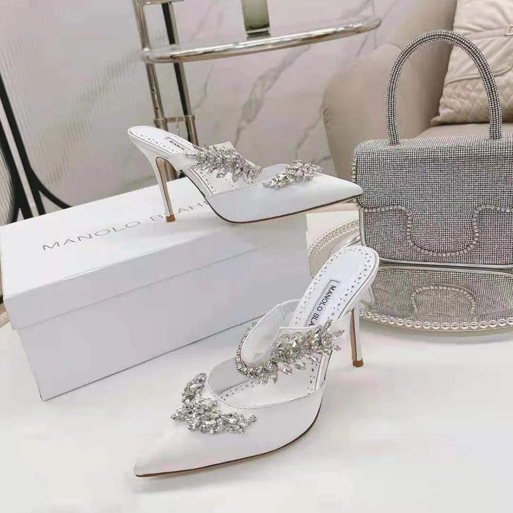 Manolo Blahnik White Satin Crystal Embellished Mules for Women