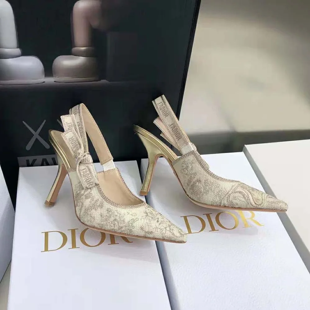 Dior J adior Slingback Pump White and Gold-Tone Toile de Jouy Embroidered Cotton for Women