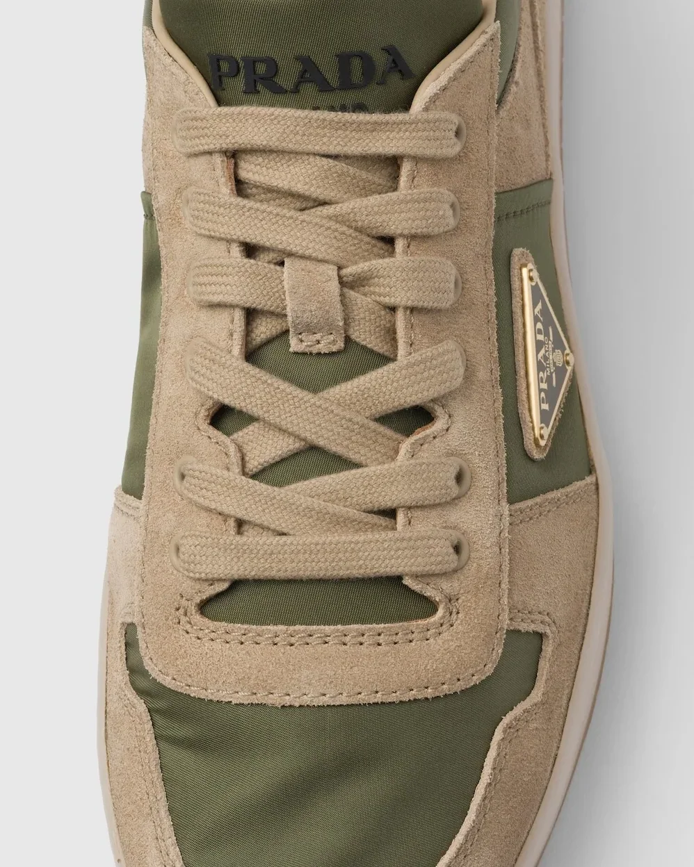 Prada Downtown Delavé Suede And Re-Nylon Sneakers Ecru/Military 2EE364_3KUY_F03TK_F_D002 Prada Downtown Delavé Suede And Re-Nylon Sneakers Ecru/Military 2EE364_3KUY_F03TK_F_D002