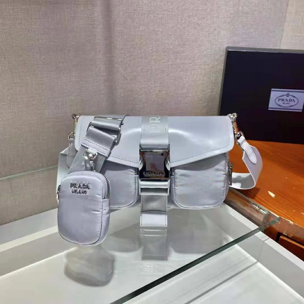 Prada Pocket Nylon and Brushed Leather Bag for Women in Blue