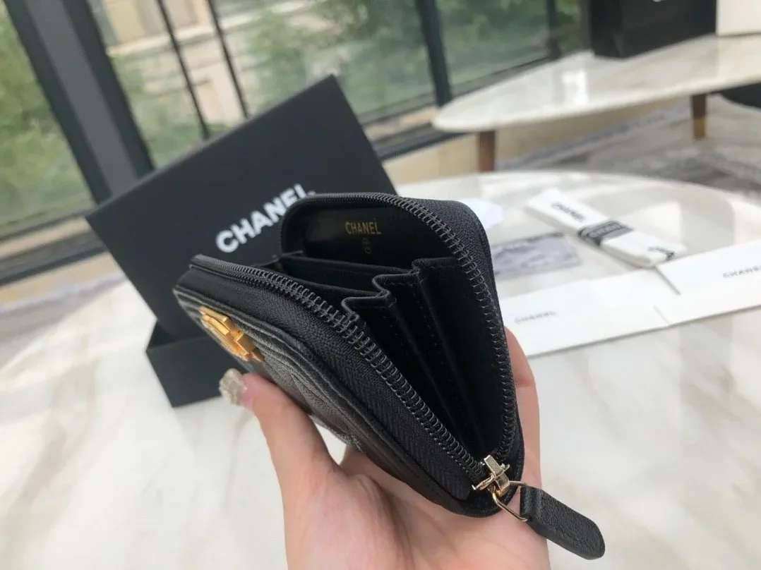 Chanel CO-CO Boy Chanel Zipped Coin Purse in Gold Toned Hardware Black