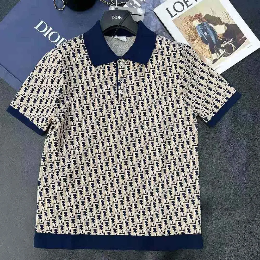 Dior Oblique Polo Shirt Blue Cotton Jacquard for Men