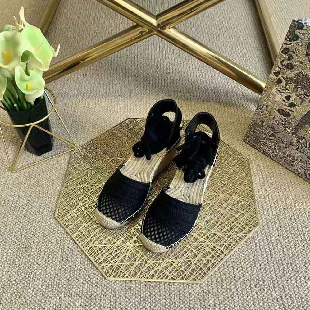 Dior Granville Wedge Espadrille Black Mesh Embroidery for Women Dior Granville Wedge Espadrille Black Mesh Embroidery for Women