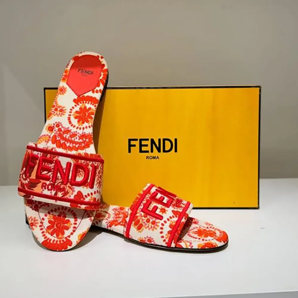 Fendi Sunshine Red and Camelia Canvas Slides for Women
