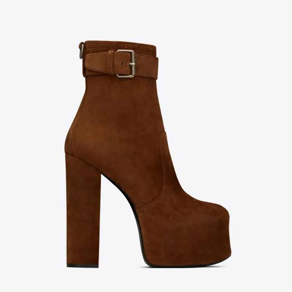 Saint Laurent YSL Cherry Buckle Platform Booties in Suede for Women in Brown Saint Laurent YSL Cherry Buckle Platform Booties in Suede for Women in Brown