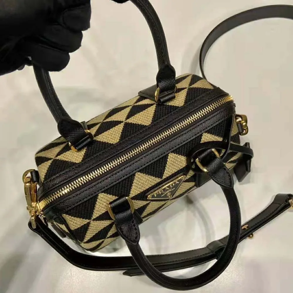 Prada Symbole Embroidered Jacquard Fabric Top-Handle Bag for Women in Black