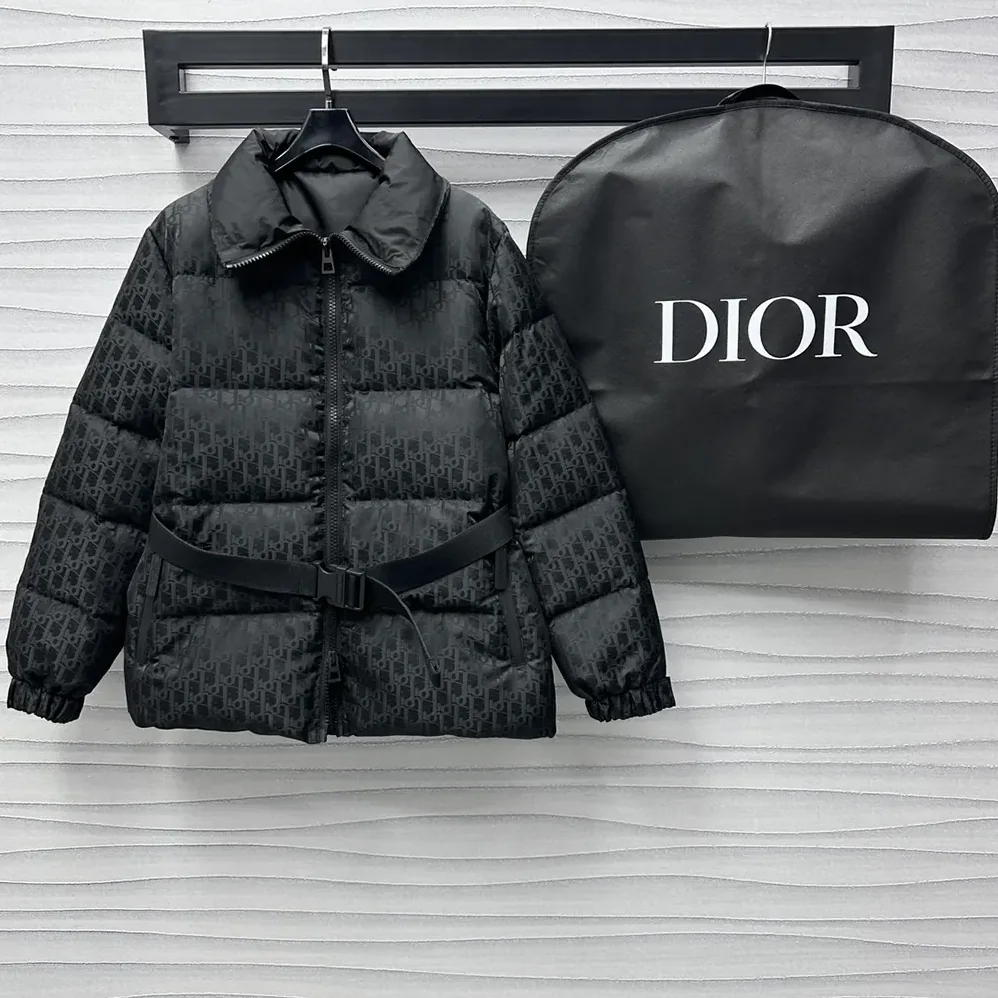 Dior DiorAlps Belted Puffer Jacket Black Quilted Technical Taffeta Jacquard for Women