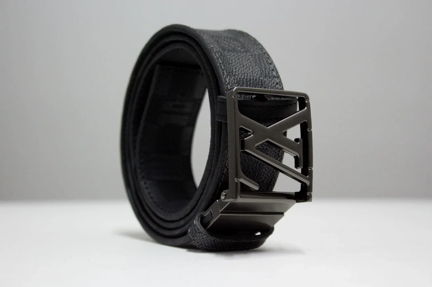 Grey & Black Damier Reversible Leather Belt