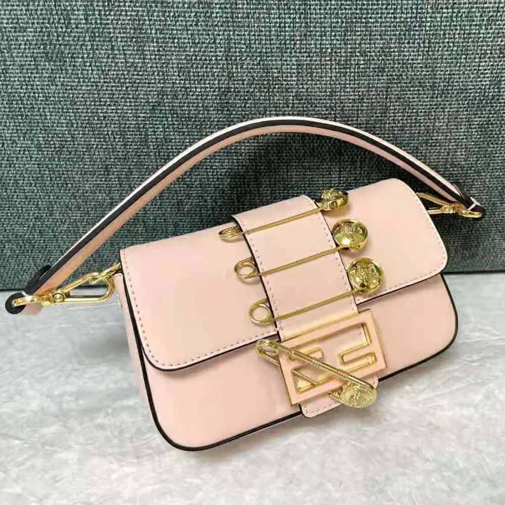 Fendi Brooch Mini Baguette Fendace Pink Leather Bag for Women Fendi Brooch Mini Baguette Fendace Pink Leather Bag for Women