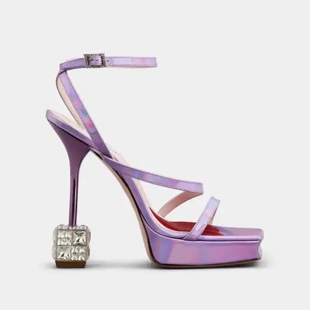 Roger Vivier Cube Strass Heel Sandals in Leather for Women in Purple Roger Vivier Cube Strass Heel Sandals in Leather for Women in Purple