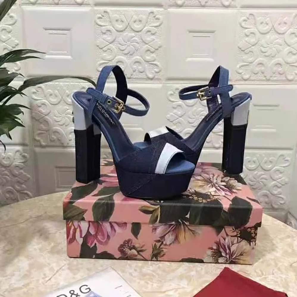 Dolce Gabbana D&G Patchwork Denim Platform Sandals for Women in Navy