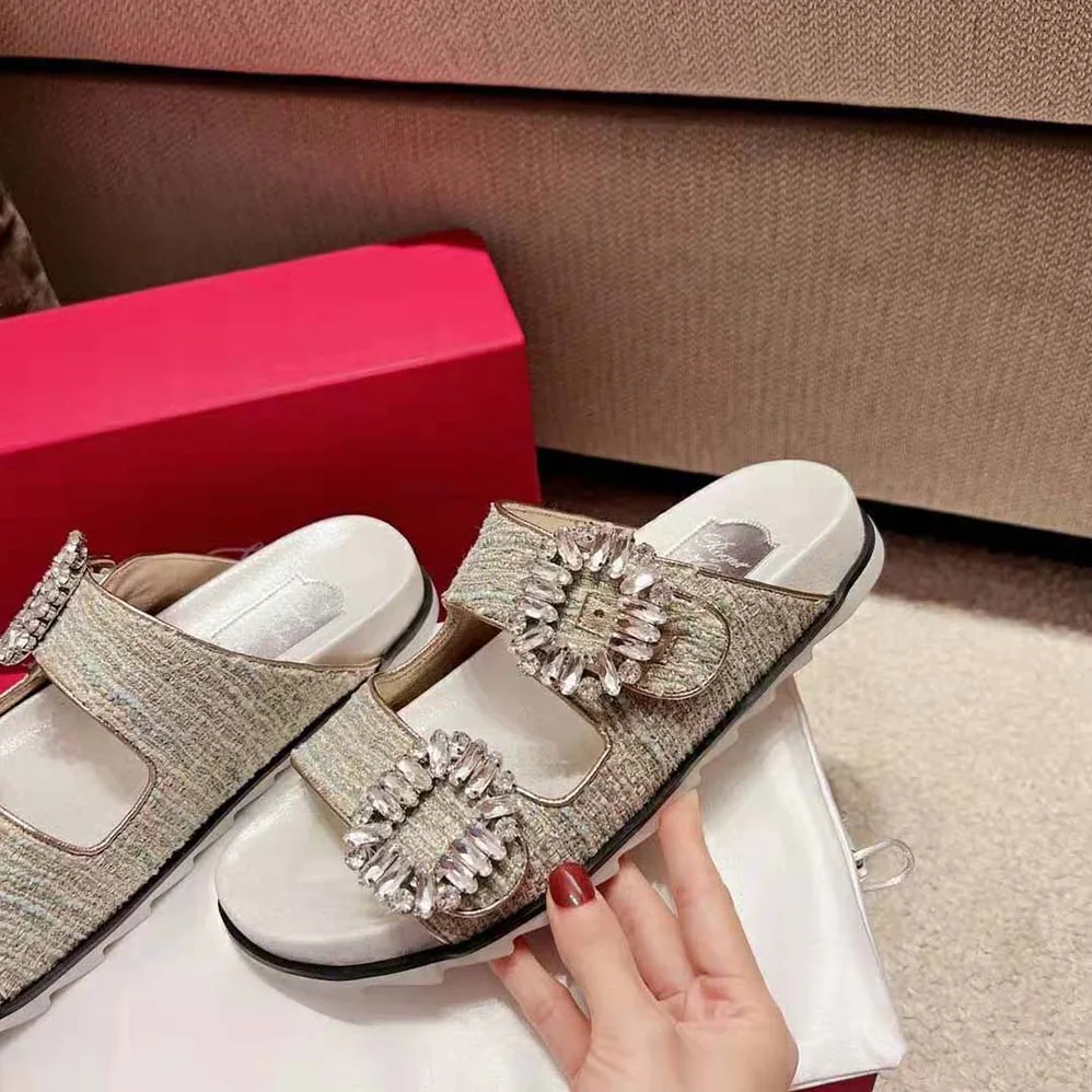 Roger Vivier Slidy Viv Strass Buckle Mules in Fabrics for Women in Silver