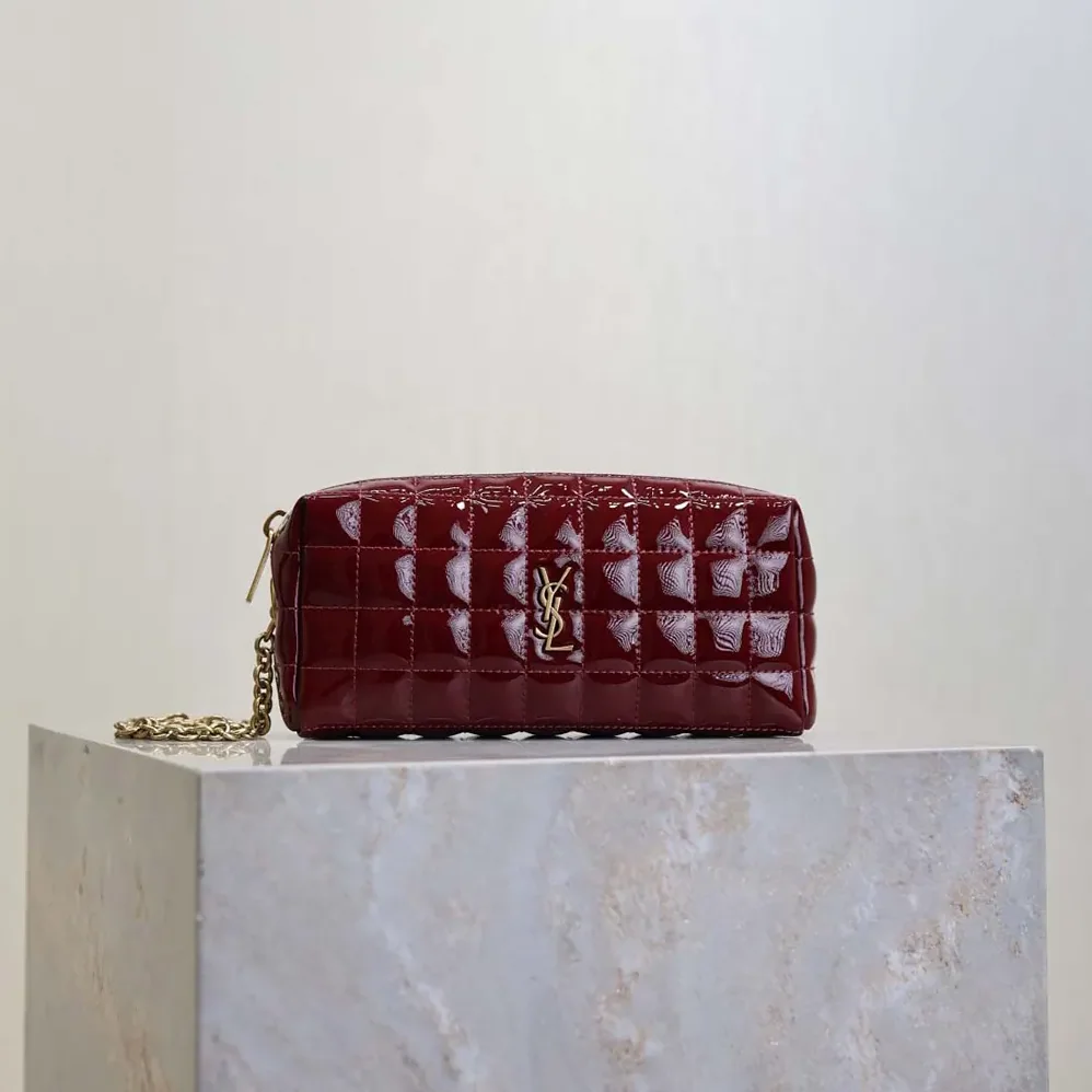 Saint Laurent YSL Cassandre Matelassé Carré Pouch On Chain In Shiny Canvas for Women in Msroon Saint Laurent YSL Cassandre Matelassé Carré Pouch On Chain In Shiny Canvas for Women in Msroon