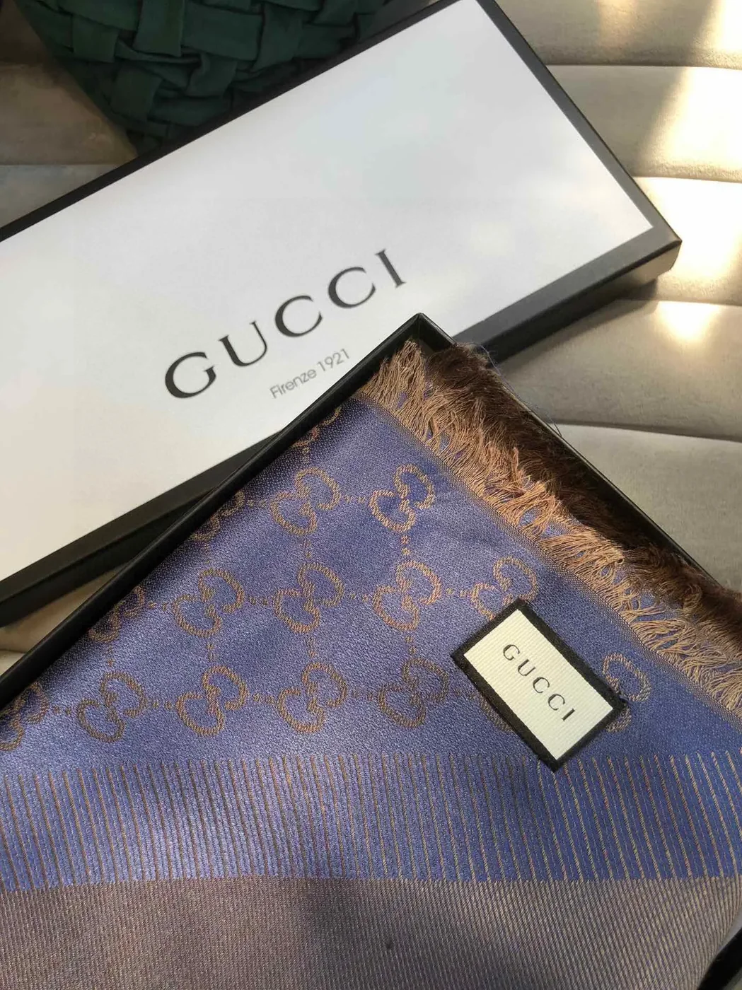 Gucci GG Jacquard Silk Wool Shawl Blue / Gucci GG Jacquard Silk Wool Shawl Blue /