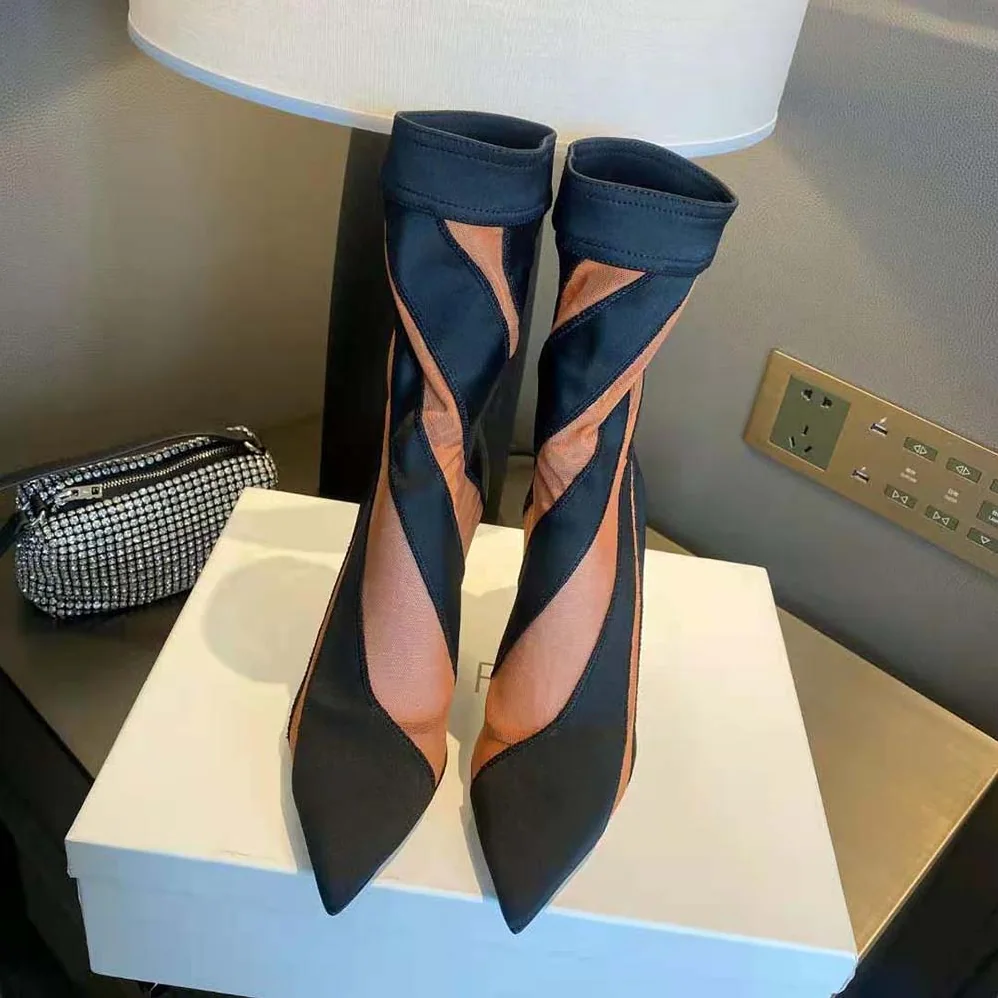 Jimmy Choo Mugler Sock Ankle Boot Black and Dark Nude Sheer Spiral Stretch Fabric for Women Jimmy Choo Mugler Sock Ankle Boot Black and Dark Nude Sheer Spiral Stretch Fabric for Women