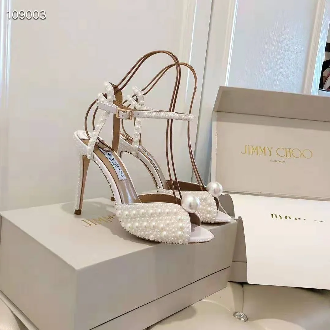 Jimmy Choo SACORA 100 White Satin Sandals with All Over Pearls for Women Jimmy Choo SACORA 100 White Satin Sandals with All Over Pearls for Women