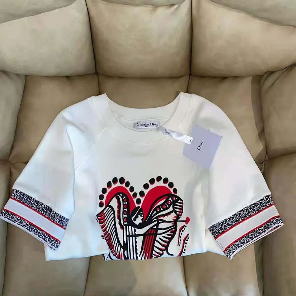 Dior Short-Sleeved Sweatshirt White Cotton Jersey with Multicolor Cupidon Motif for Women