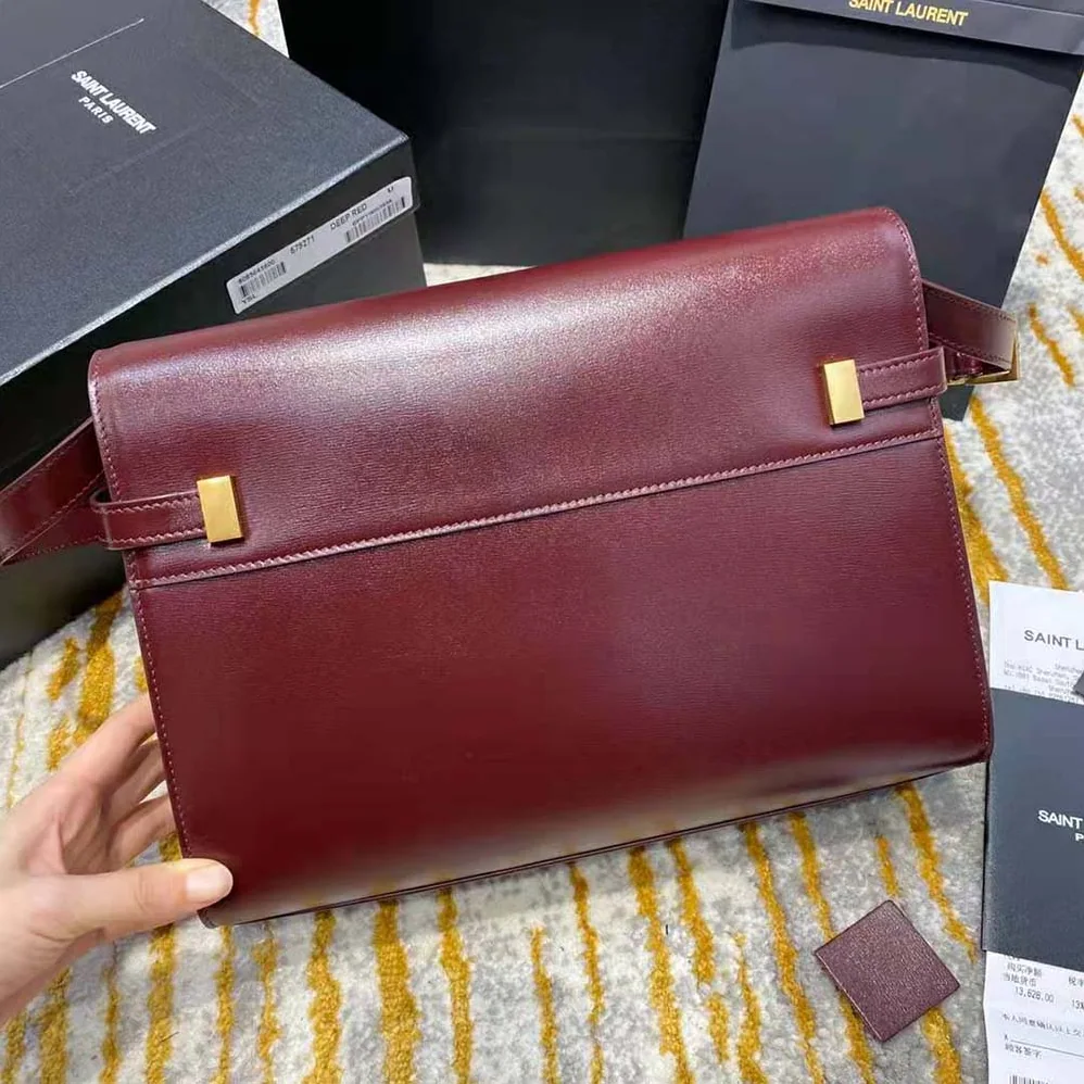 Saint Laurent YSL Manhattan Shoulder Bag in Smooth Leather for Women in Maroon